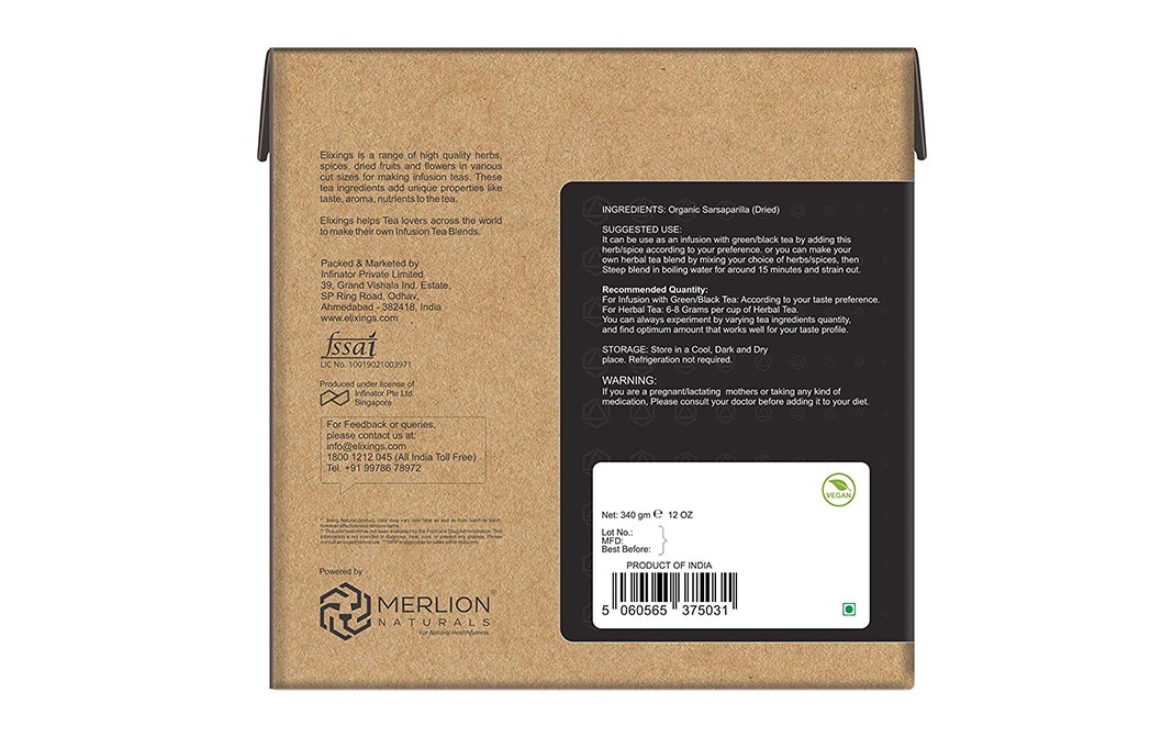 Elixings Organic Sarsaparilla Smilax Ornata Loose Leaf Cut   Box  340 grams